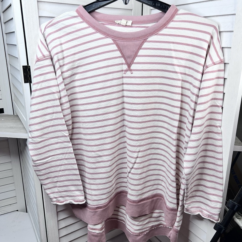Oddi Pink White Striped LS Pullover Sweatshirt Lightweight Terry Cloth Women's L